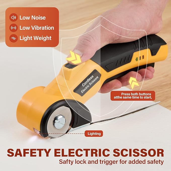 Electric Scissors, Cardboard Cutter with 2 Blades, Safety Lock & LED Light – Cordless Electric Scissors for Cutting Box, Carpet, Fabric, Plastic, and Leather