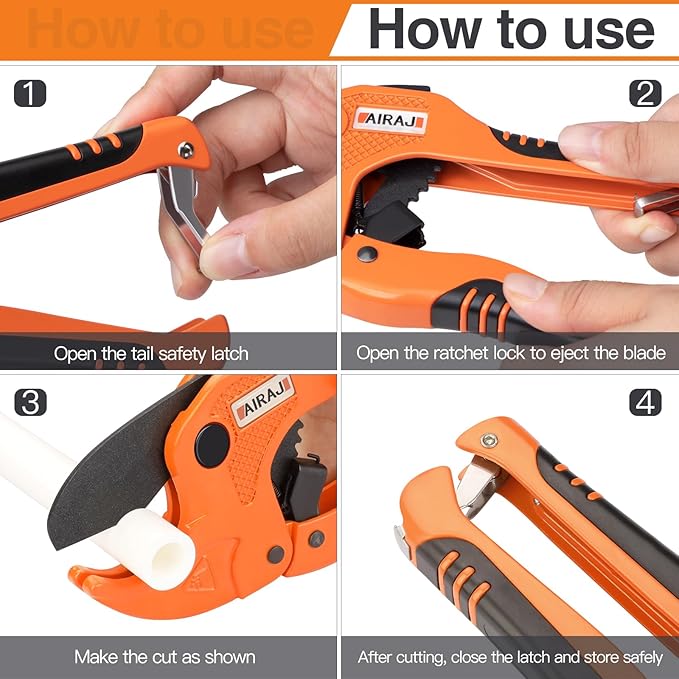 AIRAJ- PVC Pipe Cutter | Cuts up to 1-3/4" (1.75'') | Ratcheting PVC Cutter Tool | PEX Pipe Cutter | V Shaped SK5 Steel Blade | Suitable for PVC/CPVC/PP/PEX/PE Plastic Pipe Cutters