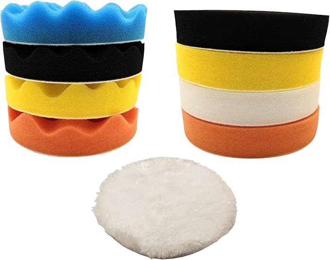 10Pcs 5Inch Face Backing Plate Compound Buffing Polishing Sponge Pads Waffle Foam Buffing Polishing Pads Kit with Woolen Cutting Pad and 5Inch Backing Plate M10 Drill Adapter