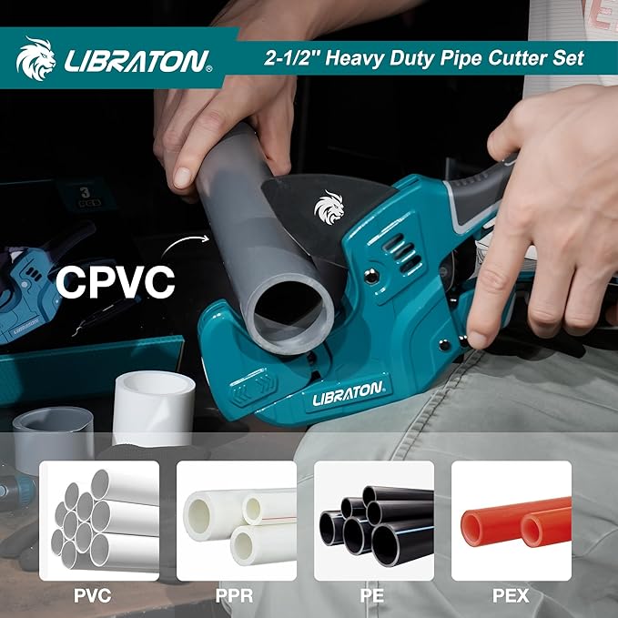 Libraton PVC Pipe Cutter, Up to 2-1/2", Ratchet Pipe Cutter Tool for PEX, PVC, PPR Plastic Hoses Plumbing, Heavy-Duty Pipe Cutter with Deburring Tool Replacement Blade, 2 Adjustable Cutting Ranges