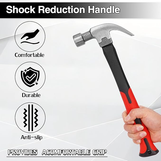 16OZ Claw Hammer with Fiberglass Handle, Drop Forged Claw Hammer, All Purpose Hammer, Smooth Face, Shock-Absorbing Grip