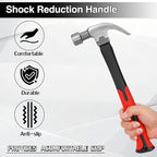 16OZ Claw Hammer with Fiberglass Handle, Drop Forged Claw Hammer, All Purpose Hammer, Smooth Face, Shock-Absorbing Grip