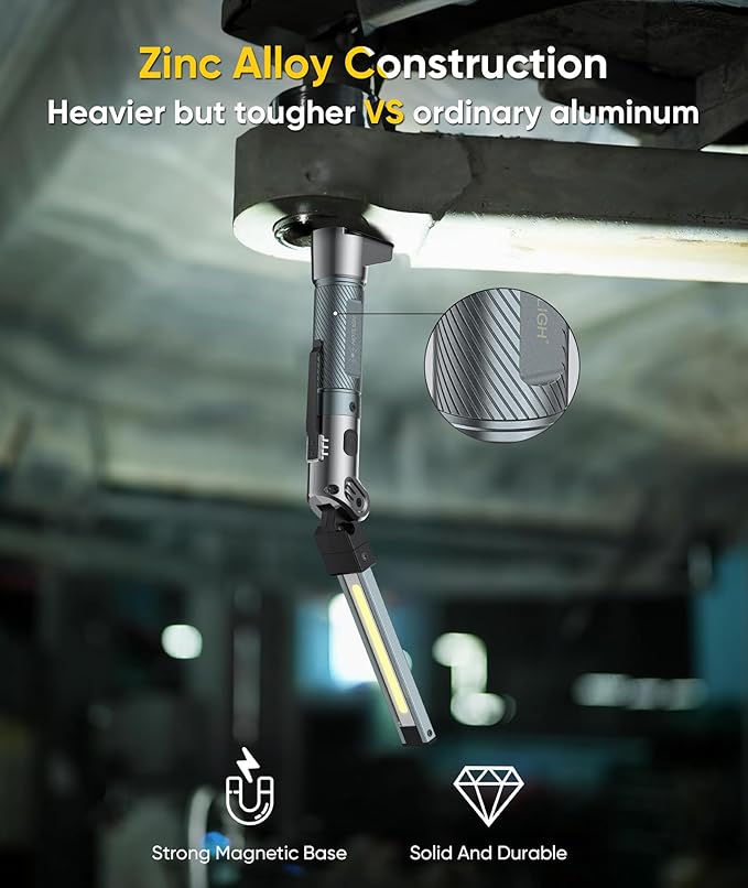 Magnetic Work Light - 4000mAh Rechargeable Work Light with Hook Design, 1200 Lumens Mechanic Light, 3 Lighting Modes Magnetic Flashlight for Repairing、Emergency