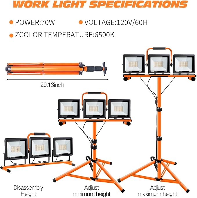 21000 Lumen Work Lights with Stand, 3 Adjustable Head LED Work Light, Foldable Tripod Stand, Waterproof Lamp with 6500 Kelvin Color Temperature (3 Adjustable Head)