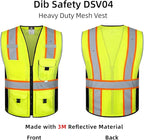 Dib Safety Vest Reflective Yellow Mesh, High Visibility Vest with Pockets and Zipper, ANSI Class 2 Heavy Duty, Made with 3M Reflective Tape M