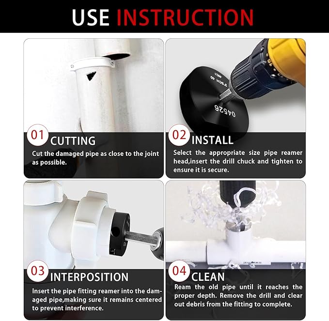 04529 for PPRK6 Plastic Pipe Fitting Reamer,PVC Pipe Reamer Kit Contains 3/4",1",1-1/2",2",3",4" Aluminum Head. PVC Socket Saver Fit into Standard 1/2" Drill for CPVC, PPR or ABS