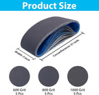 15 Pack 3 x 21 Sanding Belts, Extra Fine Grit 3x21 Silicon Carbide Sander Belt, 5 Pcs Each of 600, 800, 1000 Grits Sanding Belt for Knife Sharpening
