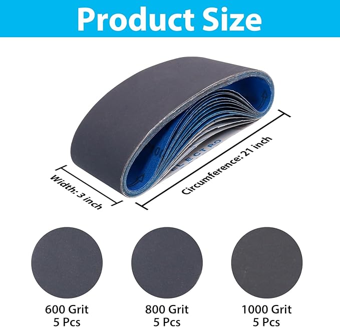 15 Pack 3 x 21 Sanding Belts, Extra Fine Grit 3x21 Silicon Carbide Sander Belt, 5 Pcs Each of 600, 800, 1000 Grits Sanding Belt for Knife Sharpening
