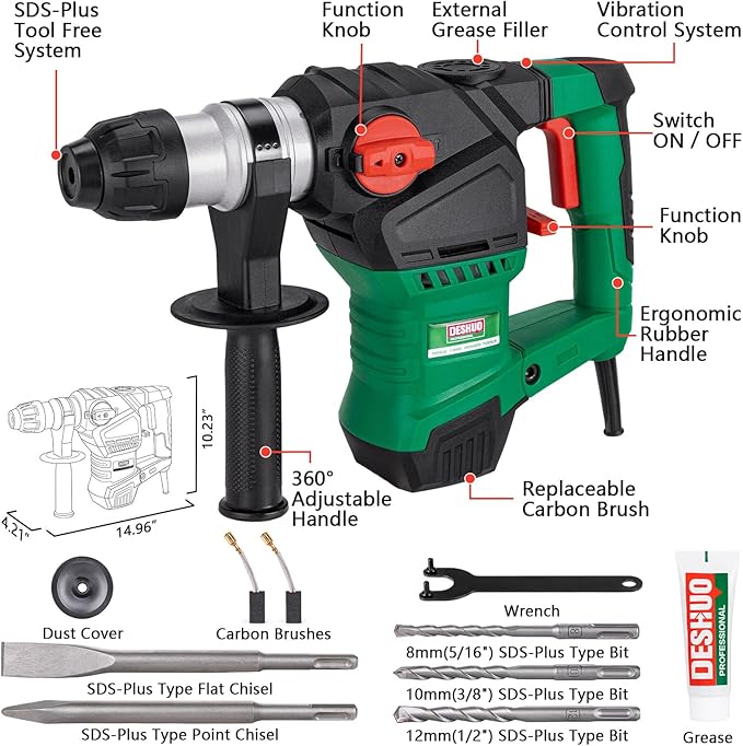 1-1/4" SDS-Plus Rotary Hammer Drill, 12.5 Amp 3 Functions Corded Vibration Control Rotomartillo with Safety Clutch for Concrete, Includes 3 Drill Bits, 2 Chisels, Carrying Case