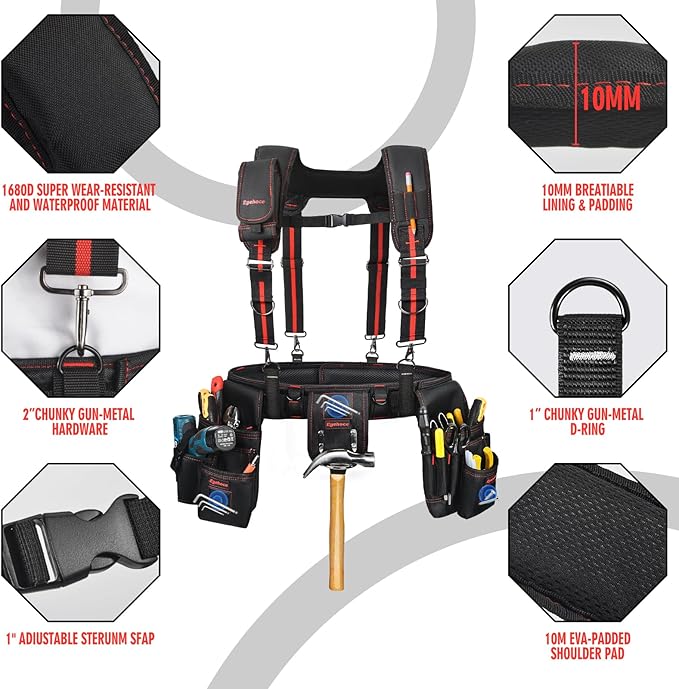 Heavy Duty Tool Belt with Padded Suspenders – Adjustable Construction Tool Rig with Multi-Pouch System – Framing & Electrician Waist Belt for Men（Adjustable one sizeZ)