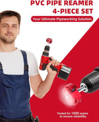 ERAYCO 4PCS PVC Pipe Reamer Kit, Plastic Pipe Fitting Reamer Tool, Fit into Standard 1/2" Drills, PVC Fitting Saver for SCH40 PVC CPVC ABS Pipe (1-1/2'', 2'', 3'', 4'')