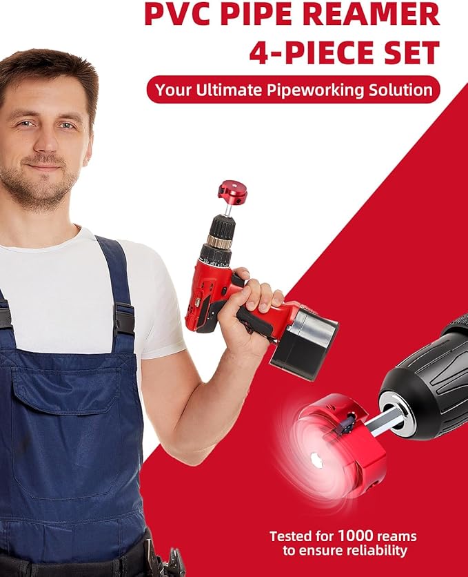 ERAYCO 4PCS PVC Pipe Reamer Kit, Plastic Pipe Fitting Reamer Tool, Fit into Standard 1/2" Drills, PVC Fitting Saver for SCH40 PVC CPVC ABS Pipe (1-1/2'', 2'', 3'', 4'')