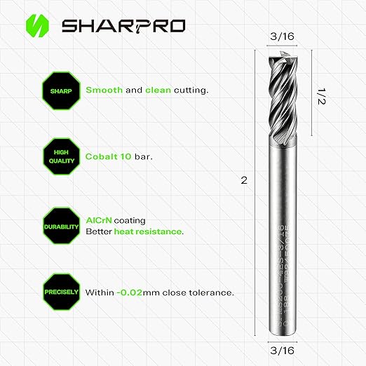 SHAPPRO 3/16 Inch Shank Carbide Square End Mill, 4 Flute CNC Milling Bits, Heat-Resistant Metal Cutting Bits Suitable Alloy Steel, Stainless Steel, Various Cast Iron