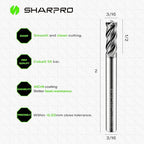 SHAPPRO 3/16 Inch Shank Carbide Square End Mill, 4 Flute CNC Milling Bits, Heat-Resistant Metal Cutting Bits Suitable Alloy Steel, Stainless Steel, Various Cast Iron