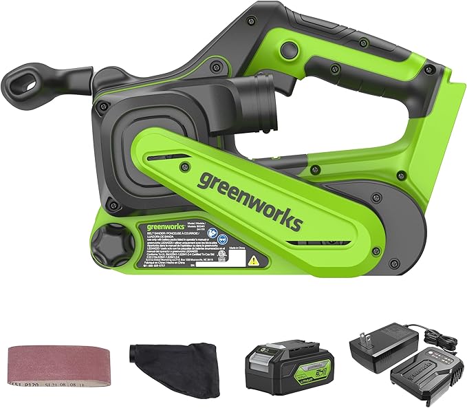 Greenworks 24V Brushless Cordless 3in. x 18in. Belt Sander Kit with Dust Bag and 60 Grit Sandpaper, Portable Battery Powered Belt Sander with 4Ah Battery and Charger
