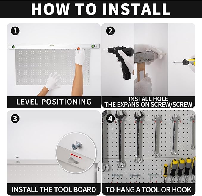 Metal Peg Panels - 4 Pcs 24' x 12' Wall Organizer, Steel Pegboard Tool Board, White Pegboard for Garage Storage & Organization