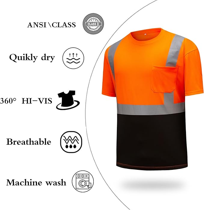 High Visibility Shirts Quick Dry Safety T Shirts with Reflective Strips and Pocket Short Sleeve Mesh Hi Vis Construction Work Class 2 Shirt for Men/Women Black Bottom Orange,3XL