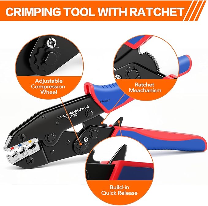 Wire Crimping Tool for Insulated Electrical Connectors- AWG 22-10 Ratchet Wire Crimper Tool- Racheting Wire Crimps for Insulated Connectors and Terminals