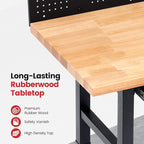 Workbench with Wheels 60 x 22 Inch Heavy Duty Rubber Wood Tabletop Work Bench with Pegboard, Drawers, Power Outlets Adjustable Height Work Table for Woodworking Shop, Home, Office