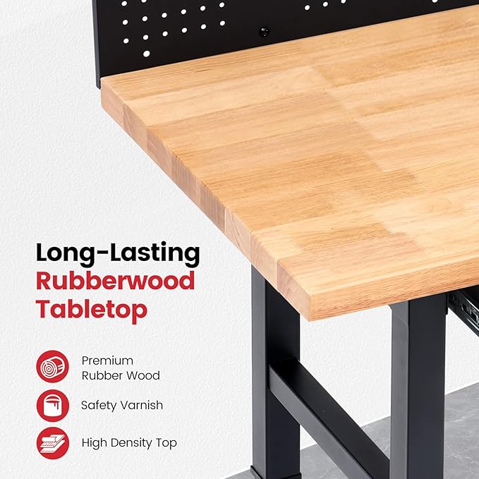Workbench with Wheels 60 x 22 Inch Heavy Duty Rubber Wood Tabletop Work Bench with Pegboard, Drawers, Power Outlets Adjustable Height Work Table for Woodworking Shop, Home, Office
