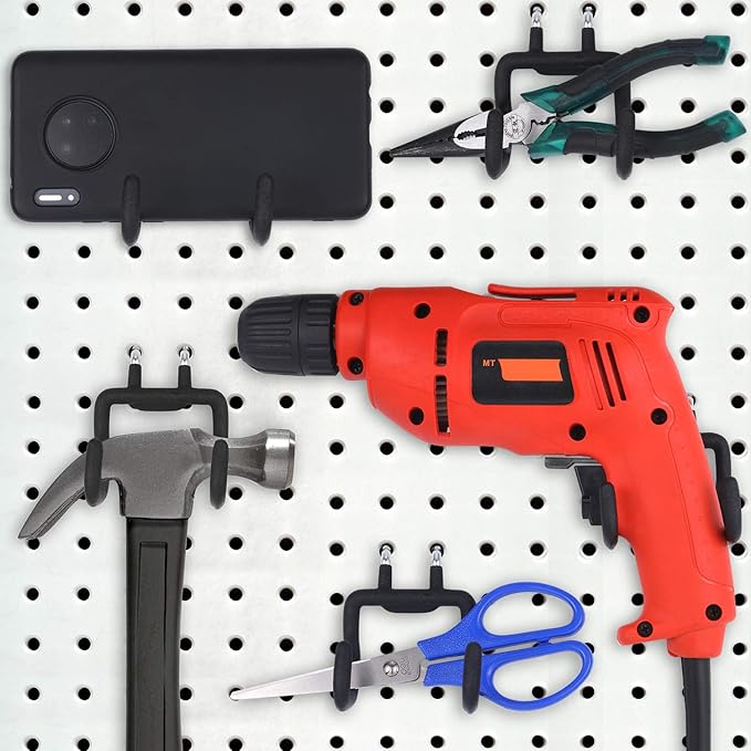 4 Pieces Pegboard Hooks Pegboard Drill Holder Double Power Tool Black Flat Utility Hook Peg Board Organization Accessory for Workbench, Garage Storage(2.75 x 2.56 x 3.54 Inch)