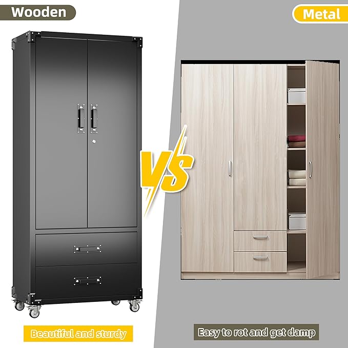 Aobabo 2 Large Drawer Metal Storage Cabinet with Wheels, Lockable Steel Storage Cabinet with 3 Adjustable Shelves and 6 Hooks for Home, Office, Garage, Classroom, Black, Assembly Required