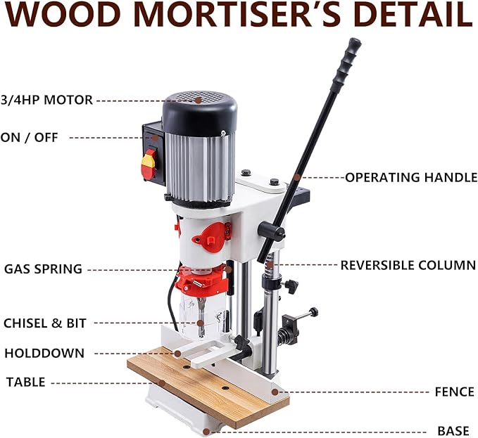 Benchtop Mortiser, 3400RPM 3/4HP Woodworking Mortising Machine with 1/4", 3/8", 1/2" Chisels Wooden Workbench, Benchtop Drill Press for Making Round Holes Square Holes Or Special Square Holes