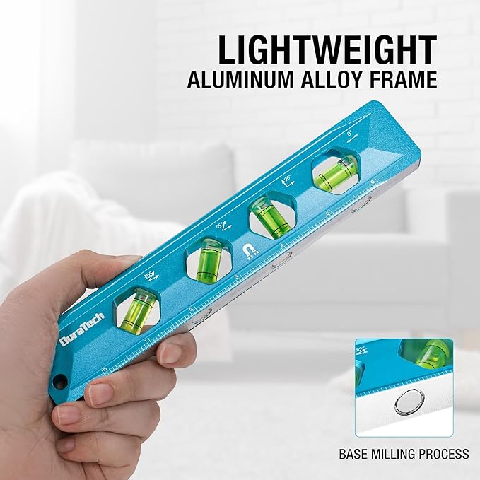 DURATECH 8-Inch Level, Magnetic Torpedo Level with 0°/30°/45°/90° Bubbles, V-Groove, Large Viewing Window, Aluminum Alloy Body, Hanging Hole, SAE and Metric Scale for DIY Projects and Household Use