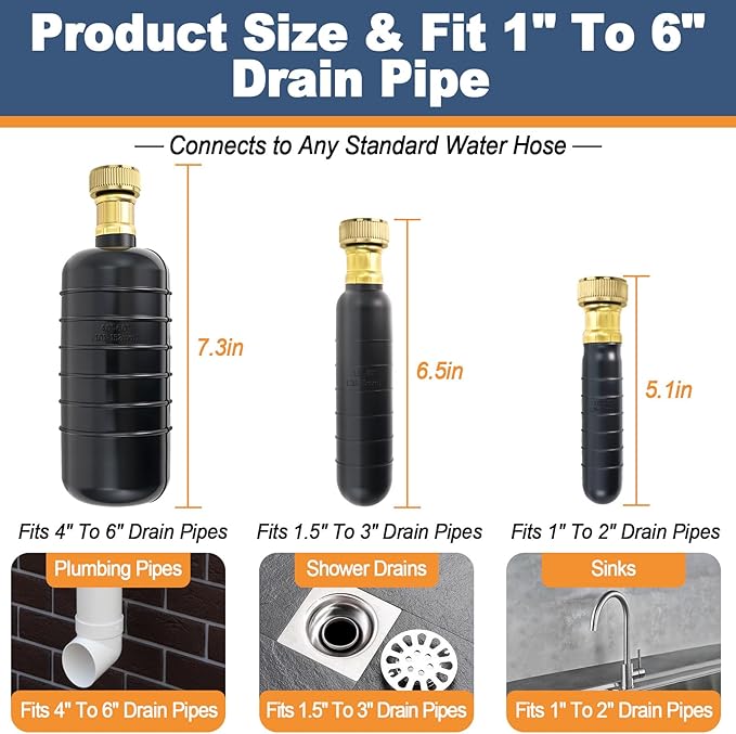 Drain Cleaning Bladder Kit, Including 3 Sizes Rubber Bladders, 10 Ft Retractable Hose, Brass Faucet Adapter & Shut-Off Valve, Durable Drain King Style Tool for Pipe & Sewer Unclogging (6 pcs)