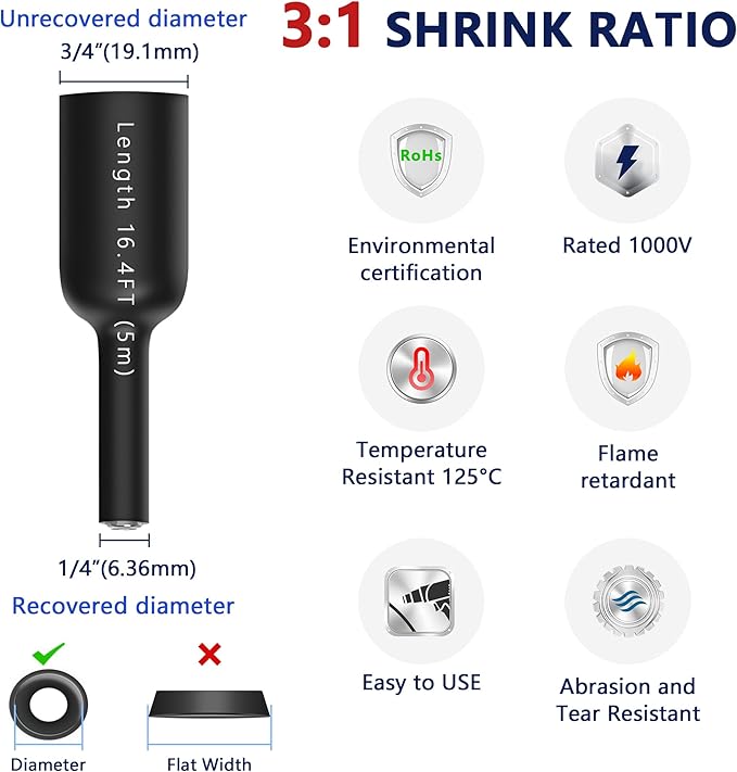 3/4in Heat Shrink Tubing, 5 Ft 3:1 Heat Shrink Tube Dual Wall Adhesive Lined, Waterproof Marine Shrink Wrap Tubing, Electrical Industrial Automotive Sealing Heat Shrink Tubing Kit for Wire Insulation