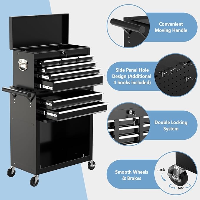 8 Drawer High Capacity Rolling Tool Chest, Metal Tool Box with Wheels and Drawers, Detachable Toolbox with Lock, Heavy Duty Tool Cabinet for Workshop, Warehouse and Garage (Black)