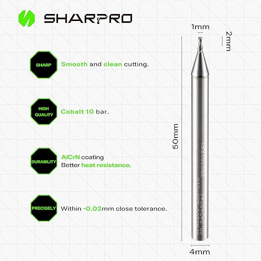 Carbide Ball Nose End Mills Set 2 Flute 4mm SHK. 1mm Cutting Dia. 3D Carving, High-Speed and Deep Cutting, AlCrN Coated, Apply for Alloy Steel, Stainless Steel and Various Cast Iron. (5PCS)
