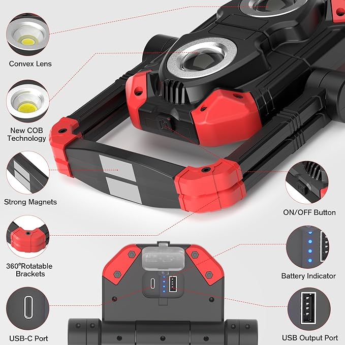 Adelante Rechargeable LED Work Light with Magnetic Bases, 2500LM 6500K 12 Hours Long Lasting, Mobile Charger, 360°Rotating Stand Waterproof USB Portable Flood Light for Mechanics, Repairing