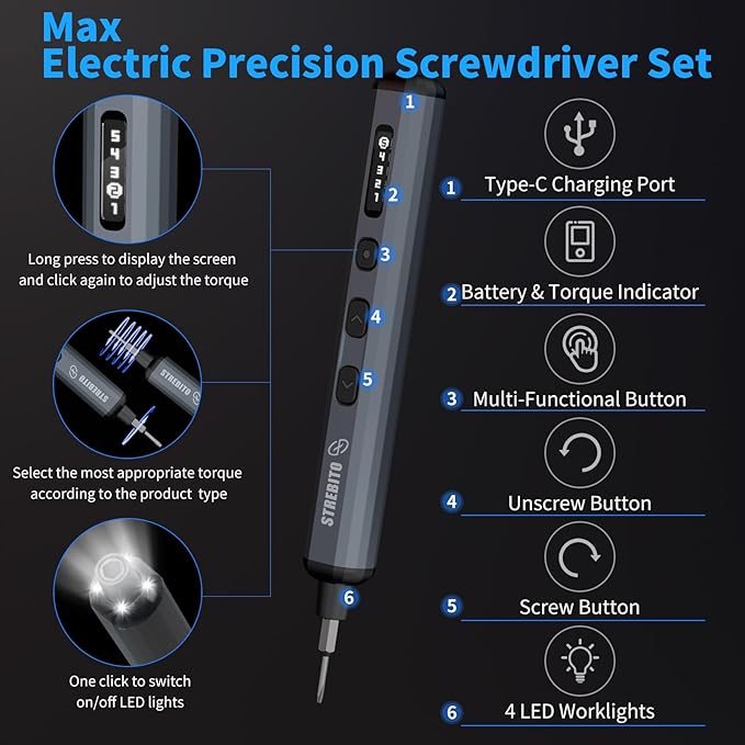 STREBITO Mini Electric Screwdriver Set, 70-in-1 Max Precision Electric Screwdriver Kit with Lights, 5 Upgraded Torque Levels, 64 Magnetic Bits, Electric Screwdriver Cordless for PC RC Electronics