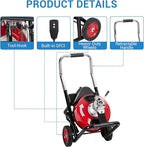 75Ft 3/8 Inch Electric Drain Cleaner Machine Auto Feed Drain Auger for 1 to 4 Inch Pipes Professional Sewer Snake with 4 Cutters Gloves Heavy Duty Clog Remover