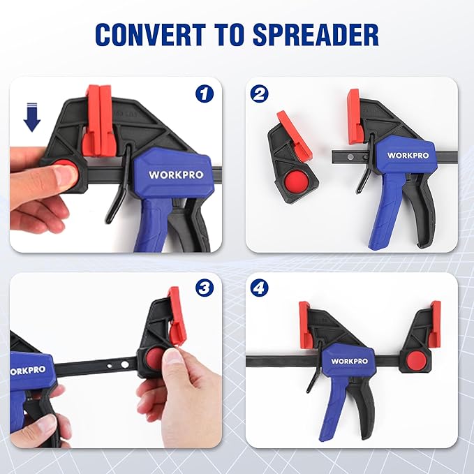 WORKPRO 6" Bar Clamps for Woodworking, One-Handed Clamp/Spreader, Light Duty Wood Clamps Set, Quick-Change F Clamps with 150LBS Load Limit, 4 Pack