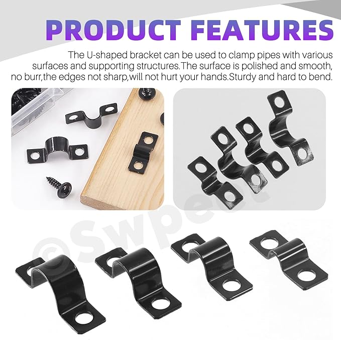Swpeet 25Pcs 8mm Two Hole U Bracket Clamp with 50Pcs Self-tapping Screws Kit, U-Clamps, Metal Pipe Clamps, Pipe Strap Clamps, Conduit Tension Clips for Fixing Pipe or Cable