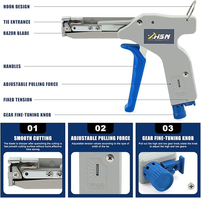 Zhushan Cable Tie Gun Tool – Durable, Low-Effort Design with Adjustable Tension, Fast & Easy Zip Tie Cutter for Nylon Cable Ties