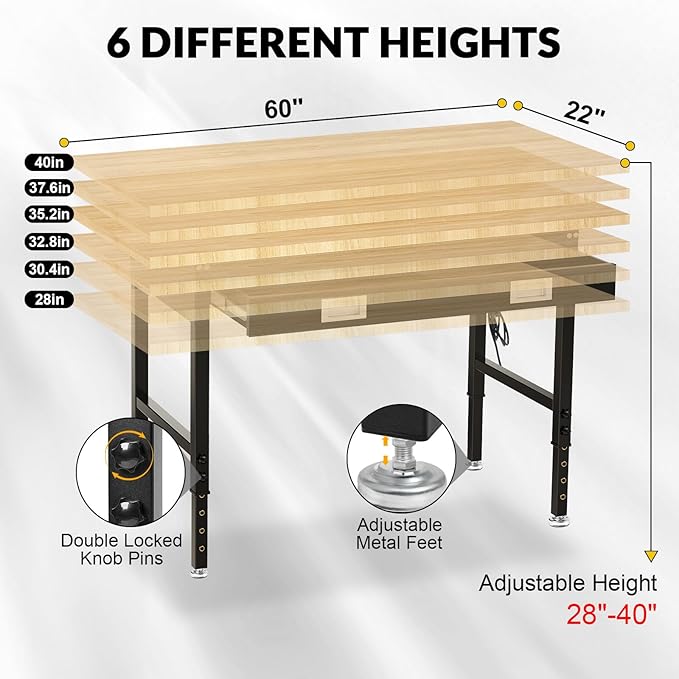 60" Workbench with Drawers, Adjustable Height Work Table, 2000 LBS Heavy-Duty, Rubber Wood, Black, Steel