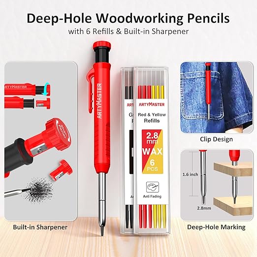 8 inch Carpenter Square, 1/16" Precision Hole Scribing Square Tools, 0-90° Aluminum Alloy Rafter Square, Woodworking Square & Carpenter Pencils 12 Refills