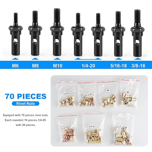 WETOLS Rivet Nut Tool Kit, 14-Inch Rivnut Tool with 7 Metric and SAE Mandrels, Professional Hand Riveter with 70Pcs Rivnuts Assortment Kit, Manual Rivet Nut Gun with Rugged BMC Case