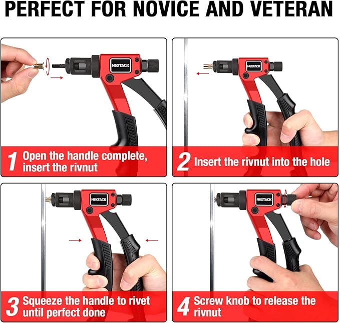 Rivet Nut Tool Kit with a Step Drill Bit & 80 Nutserts for Tight Space, 8" Rivnut Tool Set Riveter with 8 Mandrels 6-32 8-32 10-24 1/4-20 M3 M4 M5 M6 in Organized Rugged Carrying Case NT600