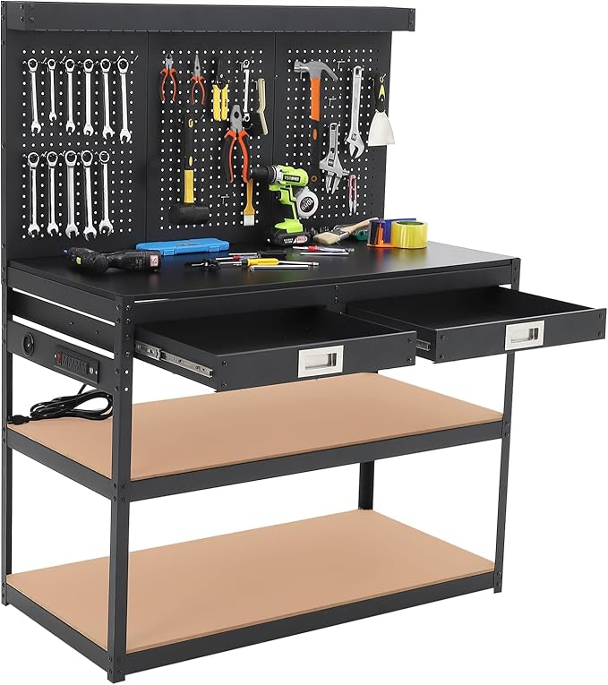 Work Bench 48" Adjustable Height,3-Tier Heavy-Duty Portable Workbench with Power Outlets and Drawer for Garage & Workshop, 880 LBS Load Capacity, Work Table for Office, Home, Easy Assembly