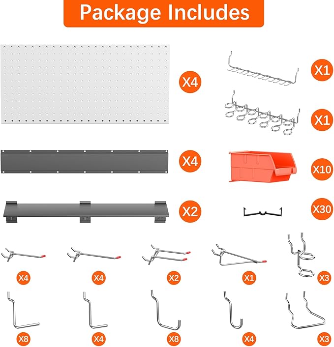 TORACK Metal Pegboard with Peg Board Hooks, Tools Storage Pegboard with Pegboard Hooks, Wall Mounted Storage Bins, Shelves, Tool Organizer Board with Pegs(Grey)