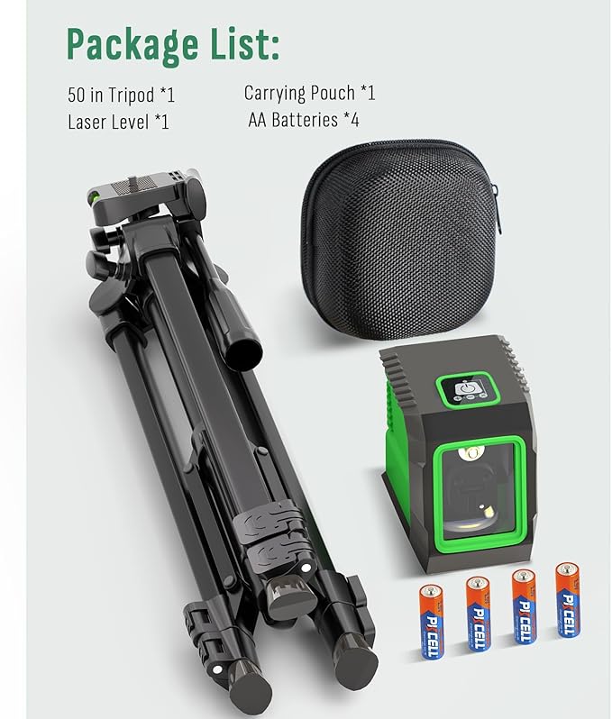 Laser Level with 50” Tripod, 360° Self Leveling Cross Line Laser Level, Green Beam Horizontal and Vertical Line leveler Tool for Hanging Pictures, Home Renovation with 4 AA Batteries & Carry Pouch