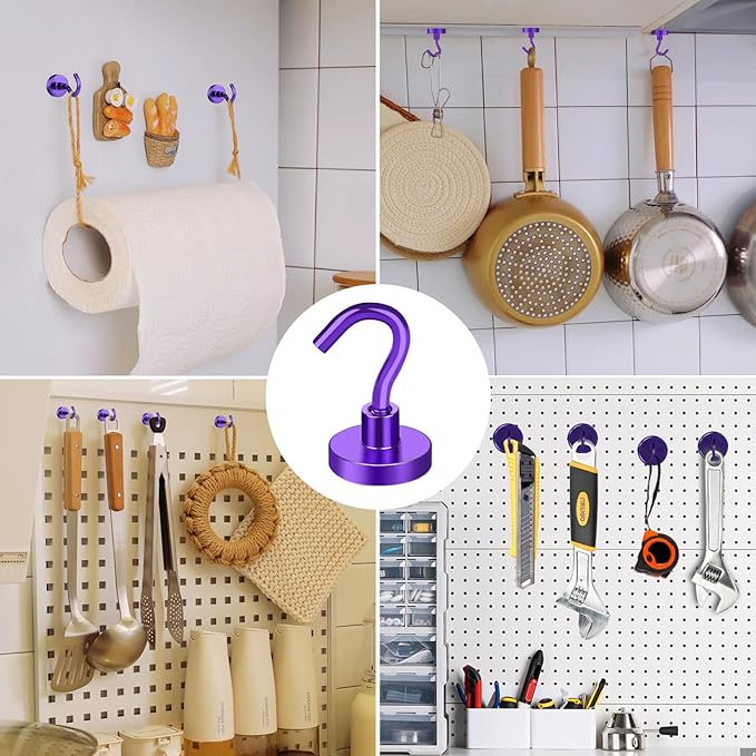 MIKEDE Magnetic Hooks Heavy Duty, 28Lbs Neodymium Magnets with Hooks for Refrigerator, 10Pcs Strong Cruise Hooks for Hanging, Magnetic Hanger for Grill, Toolbox, Storage - Purple