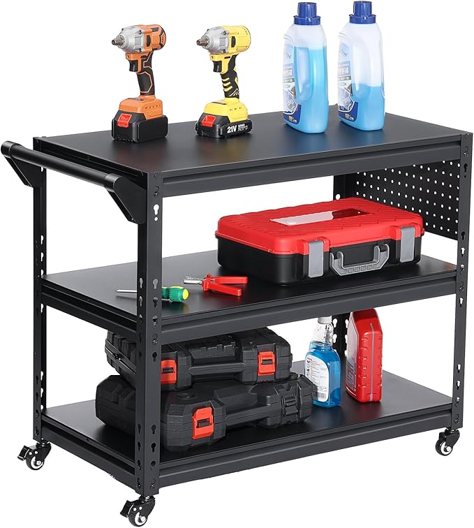 3-Tier Rolling Workbench Heavy Duty Adjustable Metal Tool Work Table with Side Pegboard, Wheels & Push Handle Mobile Workstation for Garage, Warehouse, Kitchen