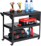 3-Tier Rolling Workbench Heavy Duty Adjustable Metal Tool Work Table with Side Pegboard, Wheels & Push Handle Mobile Workstation for Garage, Warehouse, Kitchen