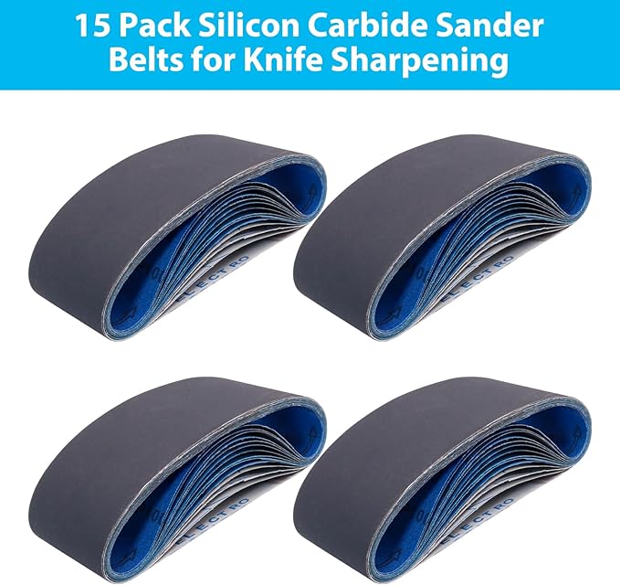 15 Pack 3 x 21 Sanding Belts, Extra Fine Grit 3x21 Silicon Carbide Sander Belt, 5 Pcs Each of 600, 800, 1000 Grits Sanding Belt for Knife Sharpening