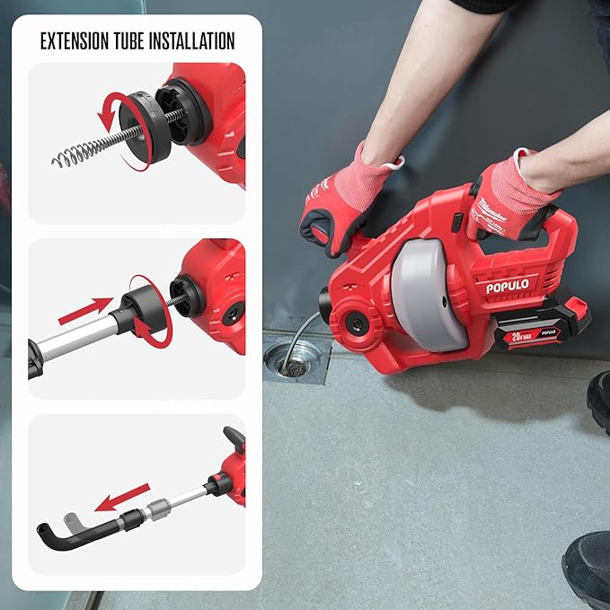 POPULO 20V Cordless Electric Drain Snake, 25Ft Replaceable Cable with 2.0Ah Battery, Extension Tube & Charger, Snake Drain Clog Remover Tool for Toilet, Floor Drain, Sink and Shower 3/4"-2" Pipe